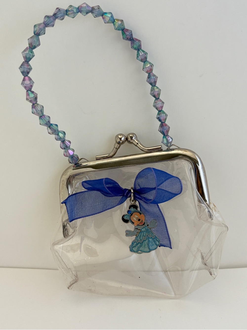 Disney Clear Mini Purse with Blue Bow and Iridescent Beaded Handle